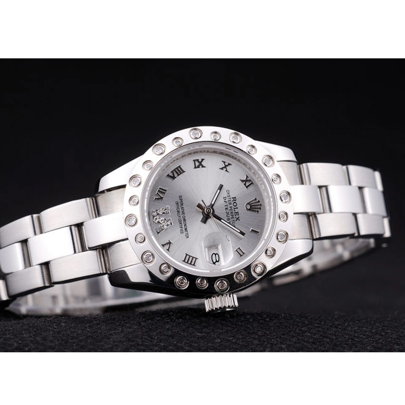 Aaa replica Polished Dial Bezel Silver 7474 Diamonds Datejust Silver Rolex 0718